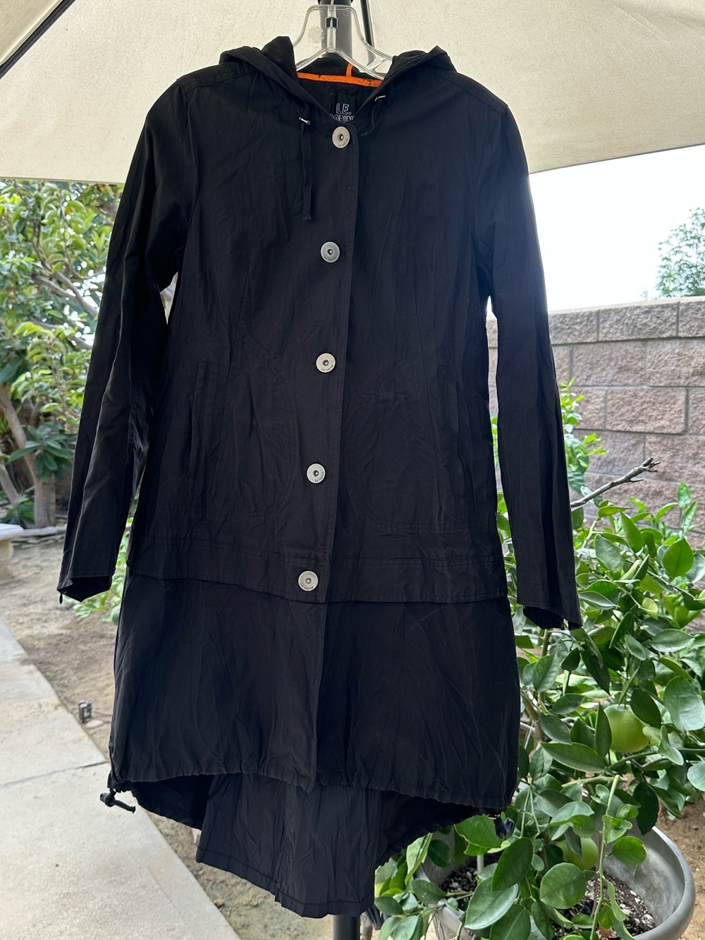 Very Rare Le Copine Black Hooded Coat with Zipper Options on Back & Sleeves Sz M